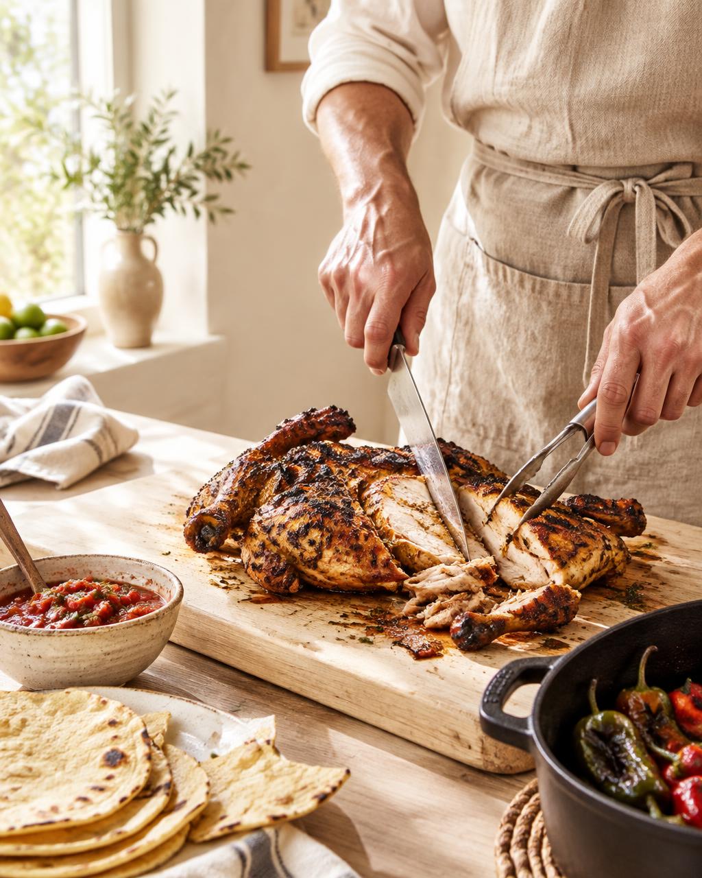 A cook carving flame-grilled chicken on a wooden board in a sunlit kitchen